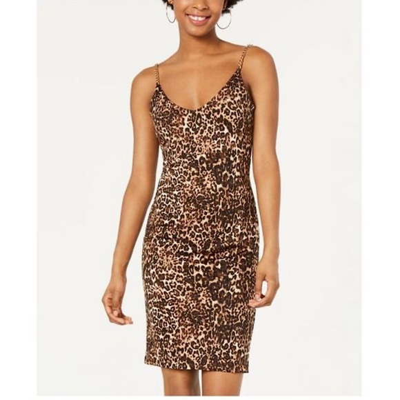 NWT Bebe Mini Dress Open Back & Gold Chain Strap Mini Animal Cheetah Print - Picture 1 of 17